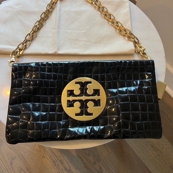 Tory Burch Reva Patent Leather Croc Embossed Black and Gold Shoulder Bag/Clutch - Picture 1 of 6